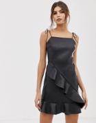 Asos Design Pu Strappy Mini Dress With Ruffle Skirt-black