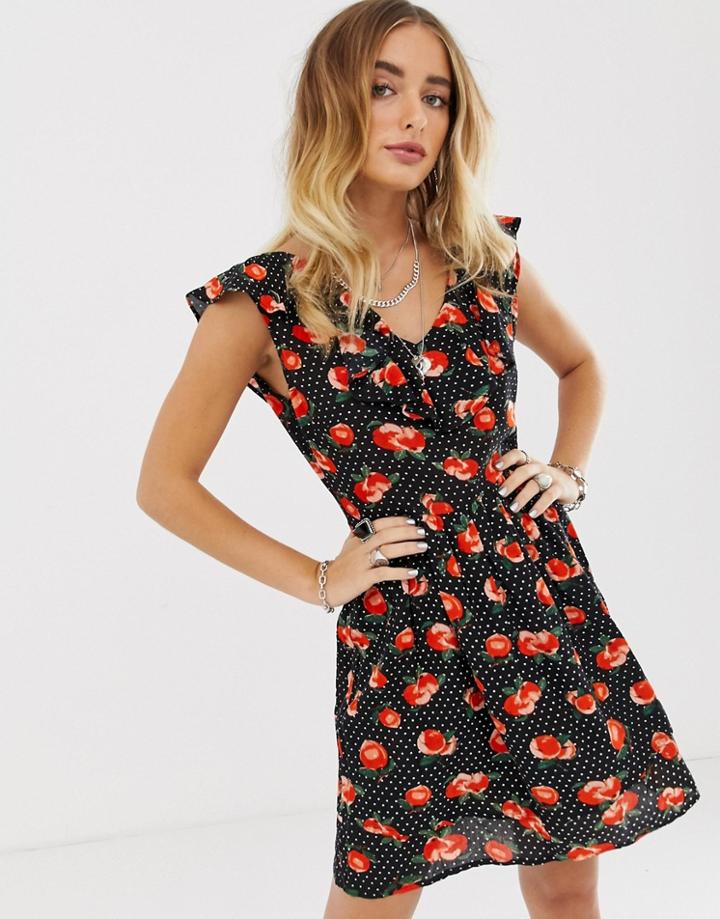 Sacred Hawk Mini Ruffle Dress In Peach Print - Black