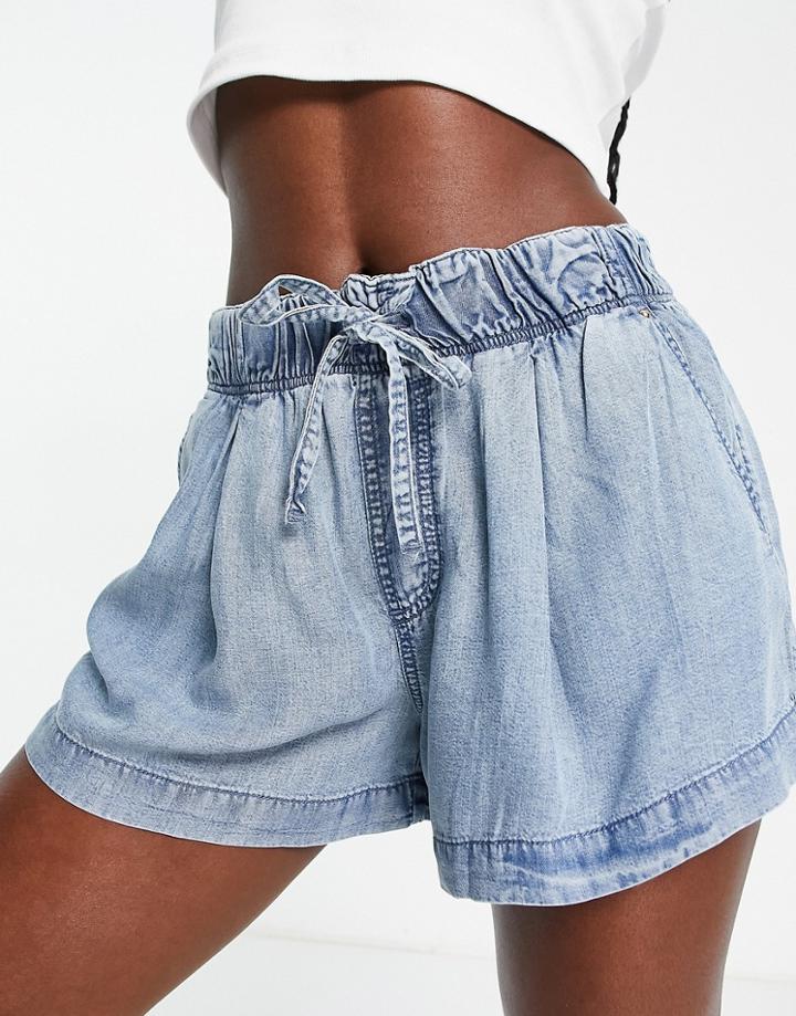 River Island Drawstring High Waist Short In Light Blue