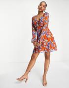 Asos Design Button Through Mini Skater Dress With Frills In Bright Floral Print-multi
