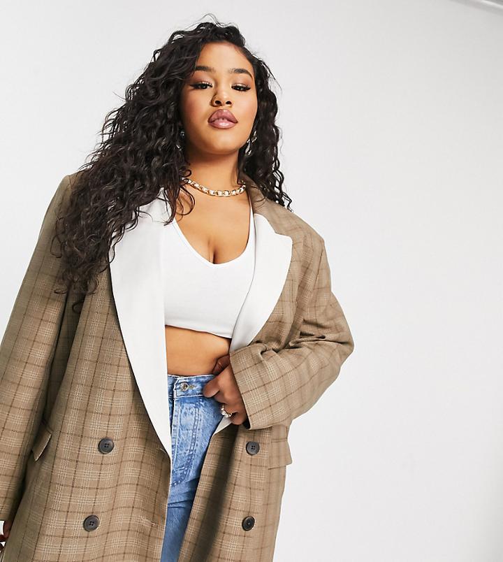 Asos Design Curve Dad Suit Blazer With Contrast Lapel In Plaid-multi