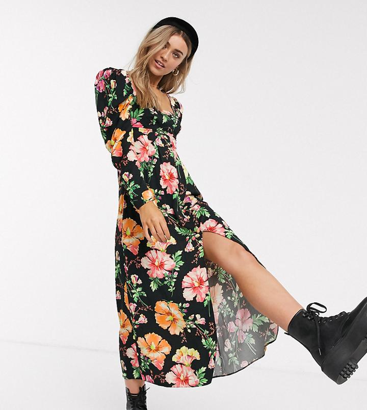 Reclaimed Vintage Inspired Waisted Midi Dress In Black Floral Print-multi