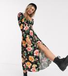 Reclaimed Vintage Inspired Waisted Midi Dress In Black Floral Print-multi