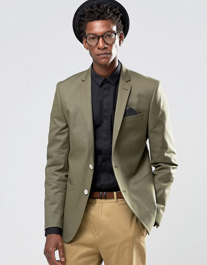 Asos Skinny Blazer In Cotton - Green