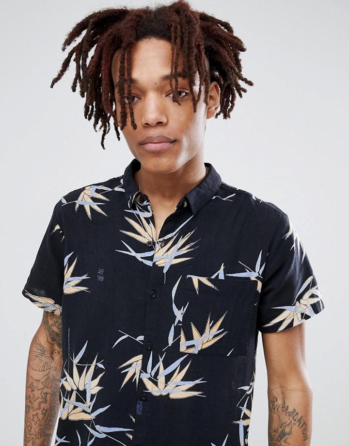 Rollas Bon Short Sleeve Shirt Tropical Bamboo Print - Black
