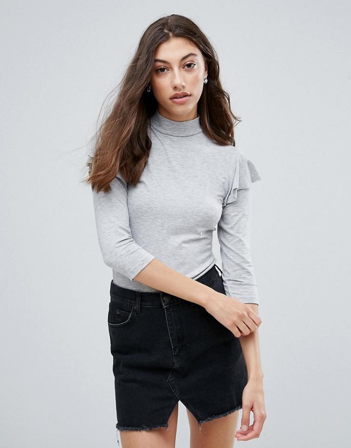 Pieces Ea Frill Shoulder Turtleneck Top - Gray
