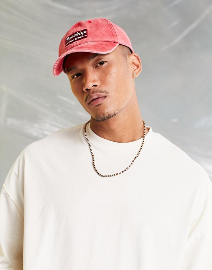Asos Design Soft Baseball Cap In With City Embroidery In Washed Red