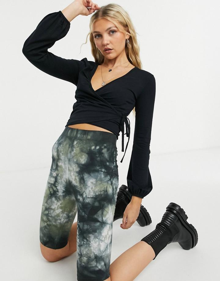Topshop Long Sleeve Ballet Wrap Top In Black