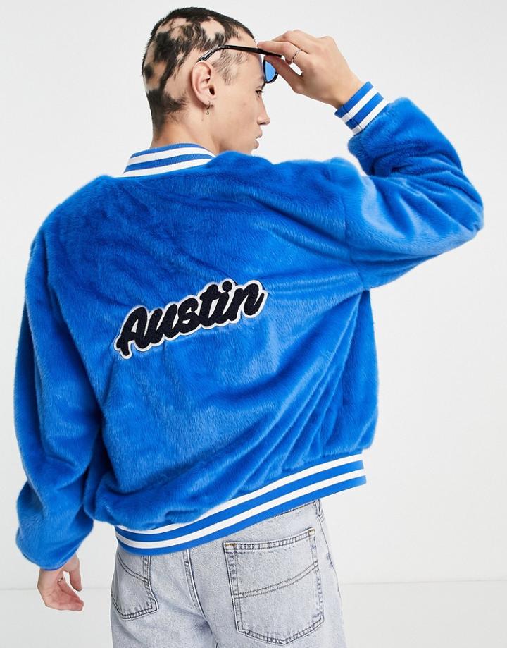 Asos Design Faux Fur Varsity Bomber Jacket In Blue-blues