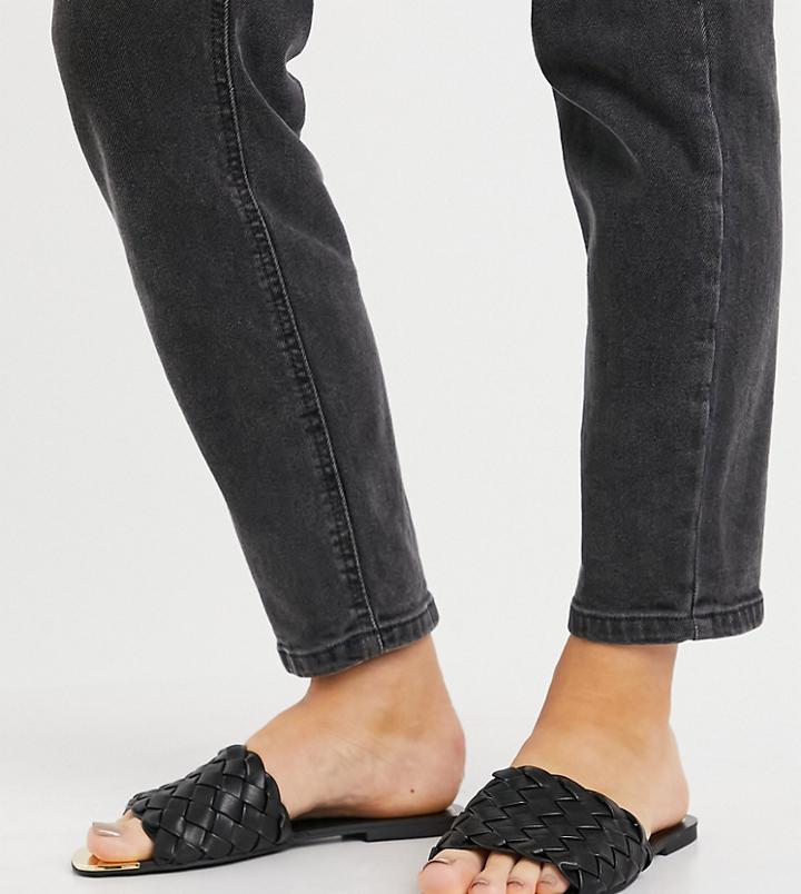 River Island Wide Fit Woven Faux Leather Sandal Slides In Black