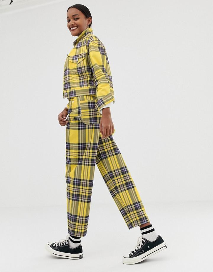 Asos Design Carpenter Boyfriend Jeans In Yellow Check Print-multi