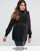 Asos Curve Cold Shoulder Lace Trim And Pintuck Blouse - Black