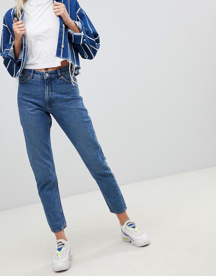 Monki Kimomo High Waist Mom Jeans With Organic Cotton In Mid Blue - Blue