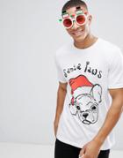 Asos Holidays Longline T-shirt With French Bull Dog Santa Print - White