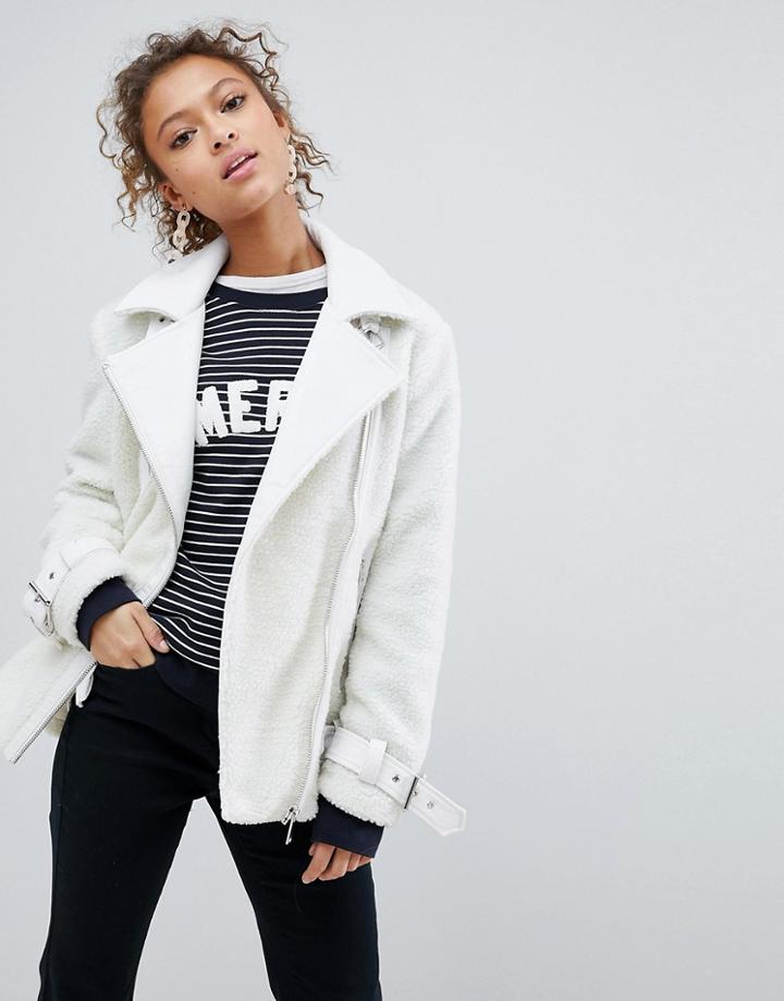 Miss Selfridge Borg Oversized Aviator Jacket - White