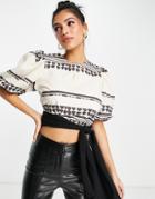 In The Style X Lorna Luxe Balloon Sleeve Crop Top Set In Mono Geo Print-multi