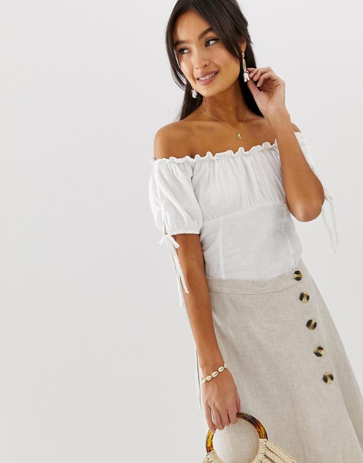 New Look Bardot Linen Look Top With Tie Sleeves In White - White