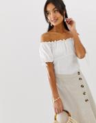 New Look Bardot Linen Look Top With Tie Sleeves In White - White