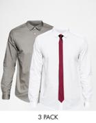 Asos White And Gray Marl Shirt 2 Pack With Burgundy Tie Set - Multi