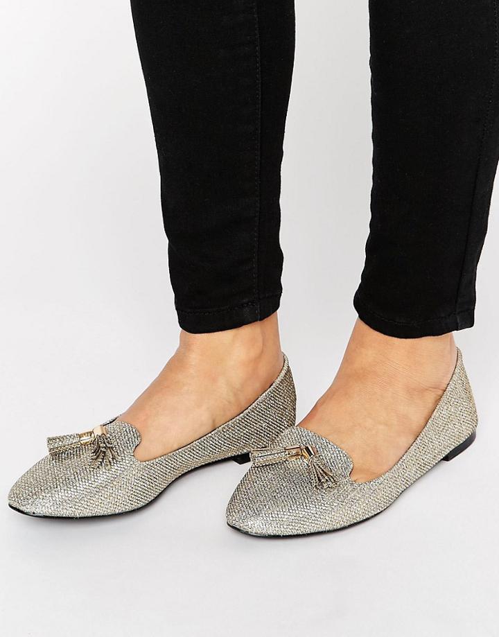London Rebel Tassel Trim Slipper Shoes - Silver