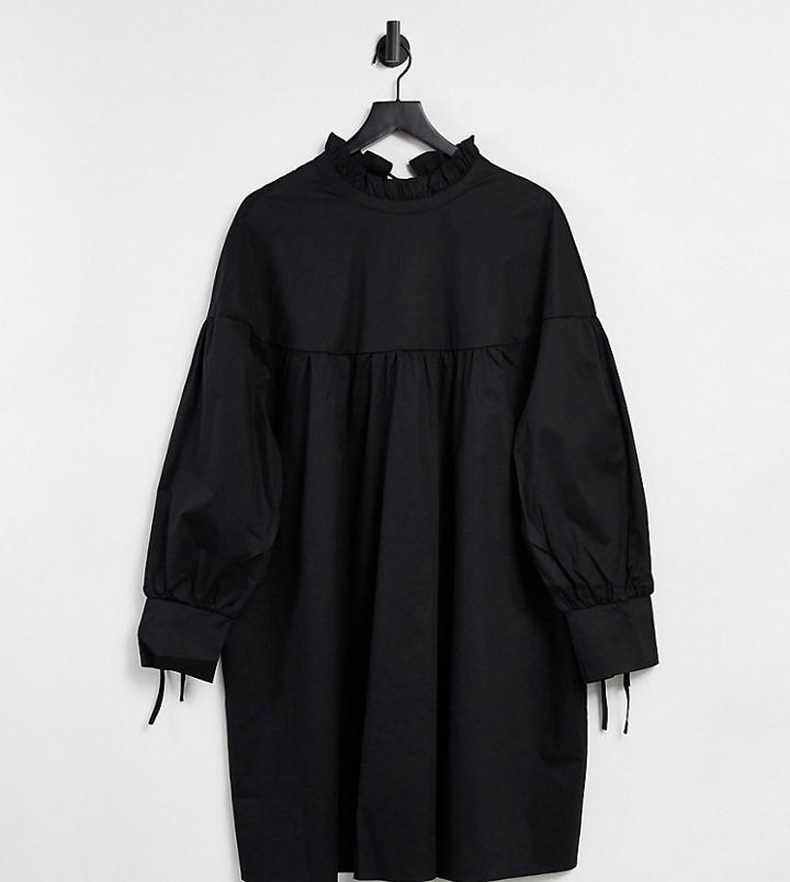 Glamorous Curve Mini Tiered Smock Dress With Neck Tie In Black Cotton