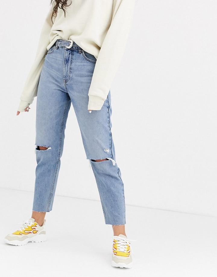 Bershka Mom Jean With Belt In Blue