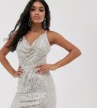 Tfnc Cowl Neck Cross Back Sequin Mini Dress In Silver - Silver