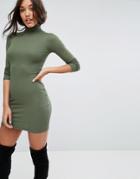 Asos Mini Rib Bodycon Dress With Turtleneck - Green