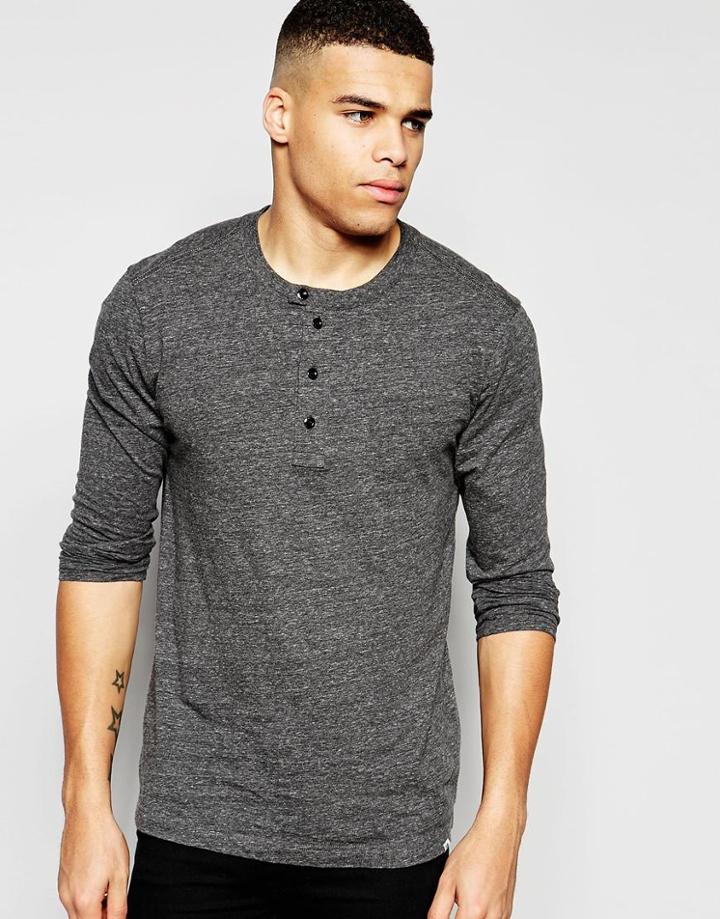 G-star Long Sleeve Top Riban Grandad Fabric Placket In Black Heather - Black Htr