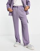 Asos Design Wide Leg Plisse Suit Pants In Lavender-purple