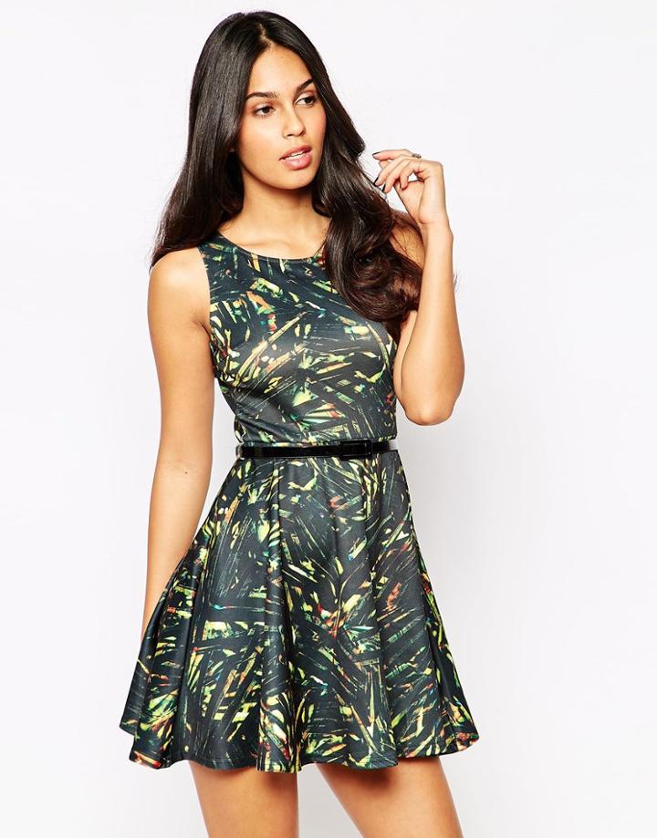 Ax Paris Belted Skater Dress In Print - Black