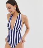 Asos Design Tall Recycled V Front Strappy Back Swimsuit In Stripe - Multi