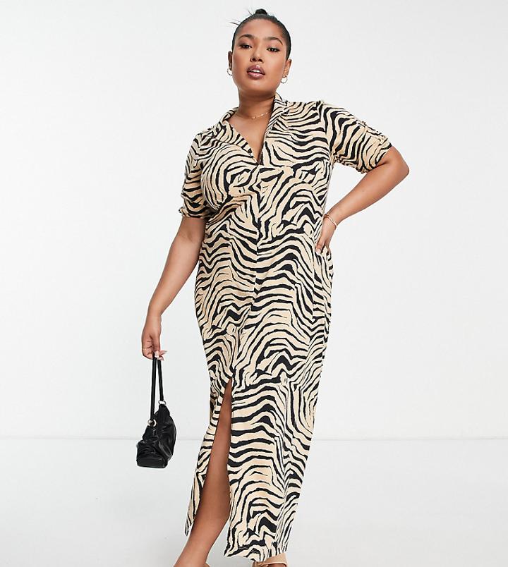 Asos Design Curve Ultimate Midi Tea Dress In Camel Zebra Print-multi