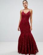 Club L Lace Strappy Fishtail Maxi Dress With Sequin Detail - Red