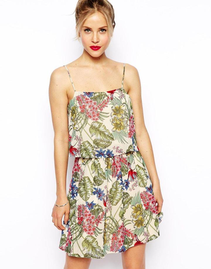Asos Skater Dress With Layer In Tropical Floral Print