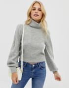 Asos Design High Neck Sweater In Fluffy Yarn With Seam Detail - Gray
