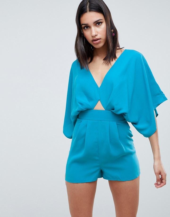 Asos Design Romper With Kimono Sleeve And Cut Out-blue