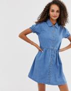 Asos Design Denim Mini Shirt Dress With Collar In Blue