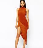 Club L Slinky High Neck Dress With Ruched Asymmetric Skirt - Brown