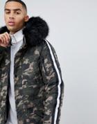 Sixth June Parka Coat In Camo With Black Faux Fur Hood - Green