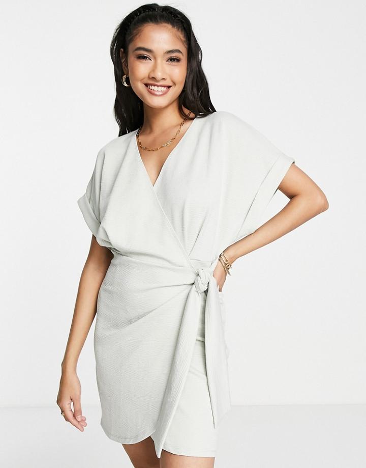 Asos Design Textured Short Sleeve Mini Wrap Dress In Gray