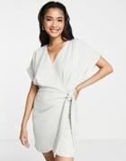 Asos Design Textured Short Sleeve Mini Wrap Dress In Gray