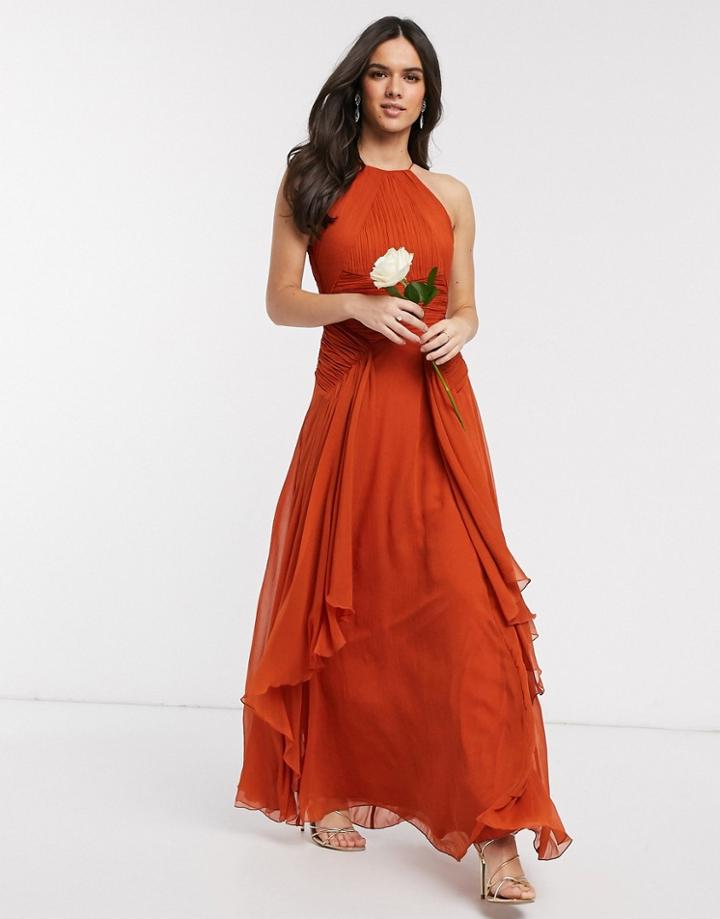 Asos Design Bridesmaid Pinny Maxi Dress With Ruched Bodice And Layered Skirt Detail-orange