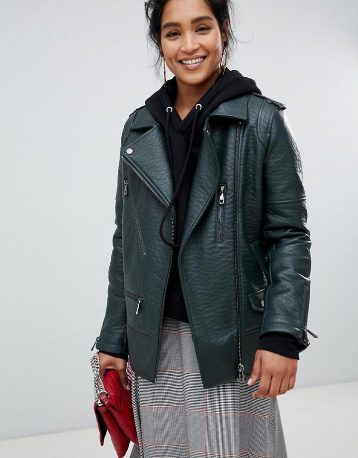 Urbancode Longline Biker Jacket In Textured Faux Leather - Green