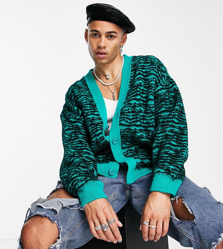 Collusion Knitted Brushed Swirl Jacquard Cardigan In Green-multi