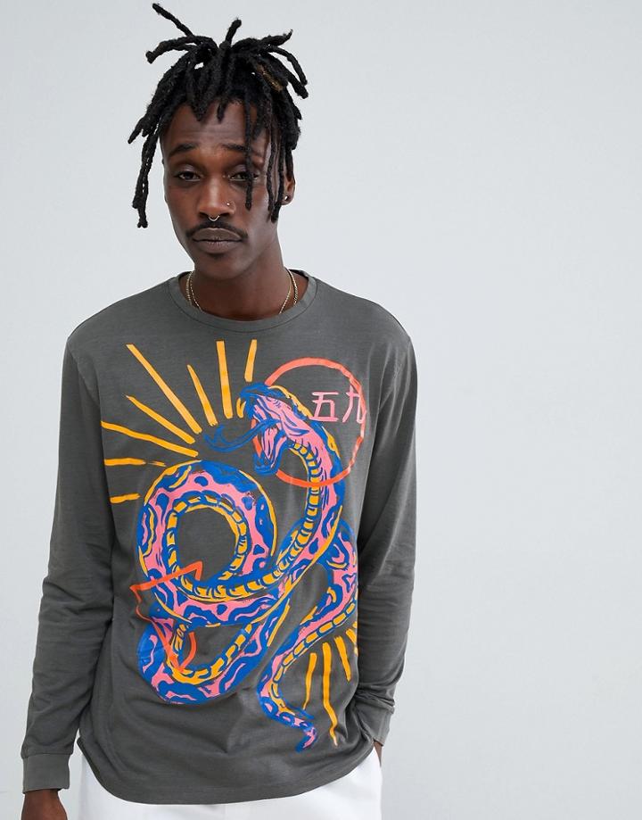 Asos Design Relaxed Long Sleeve T-shirt With Snake Print And Wash - Black