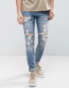 Asos Skinny Jeans In Vintage Mid Wash Blue With Heavy Rips - Blue