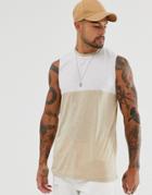 Asos Design Tank Tank With Contrast Yoke In Linen Mix - Beige