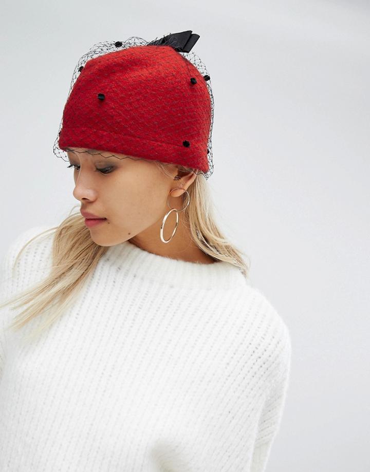 Helene Berman Red Hat With Veil And Grosgrain Bow - Red