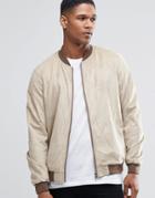 Asos Faux Suede Bomber Jacket In Stone - Stone